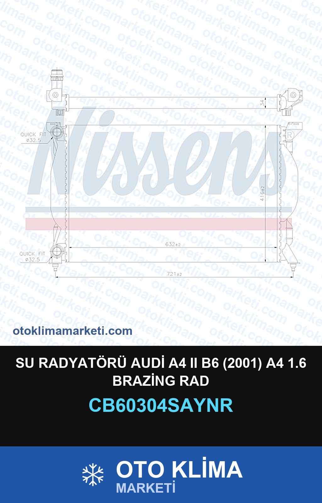 Su Radyatörü Audi A4 II (2) B6 (2001) A4 1.6 Brazing Rad — SU RADYATÖRÜ — UNICORE marka — Uyumlu: AUDI