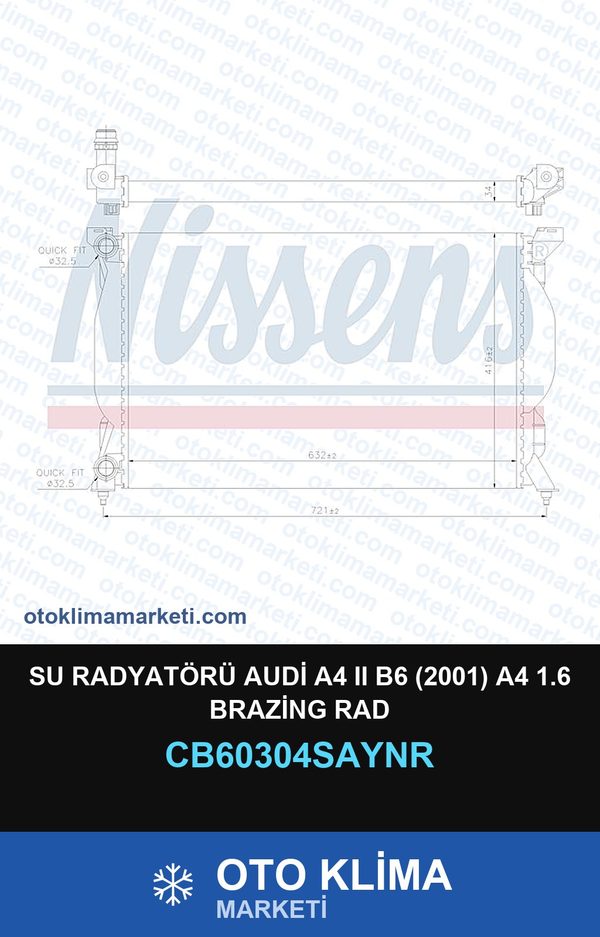 Su Radyatörü Audi A4 II (2) B6 (2001) A4 1.6 Brazing Rad — SU RADYATÖRÜ — UNICORE marka — Uyumlu: AUDI