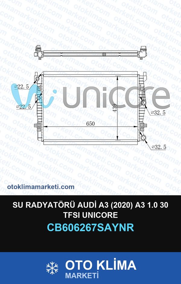 Su Radyatörü Audi A3 (2020) A3 1.0 30 TFSI Unicore — SU RADYATÖRÜ — UNICORE marka — Uyumlu: AUDI