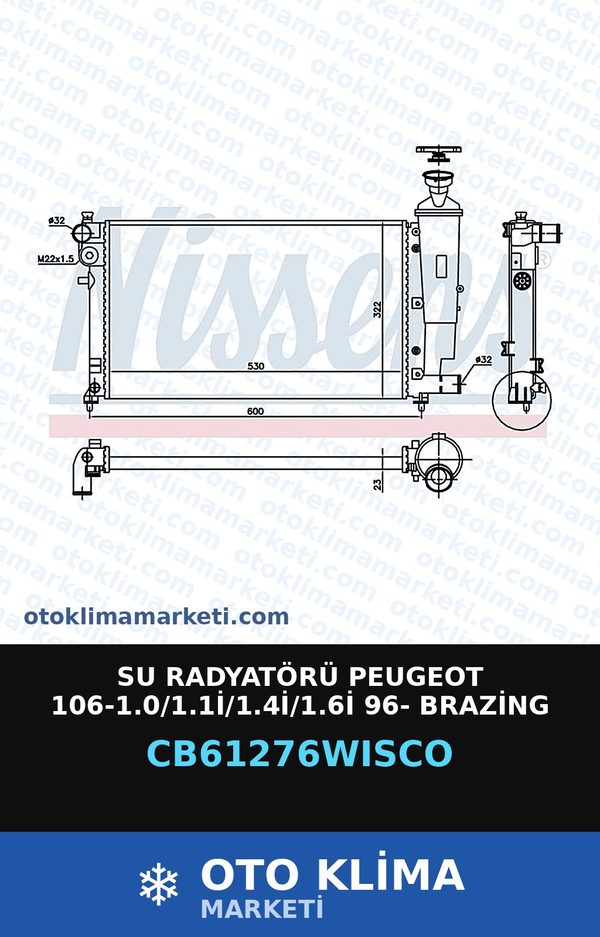 Su Radyatörü Peugeot 106-1.0/1.1İ/1.4İ/1.6İ 96- Brazing 26MM — SU RADYATÖRÜ — WISCO marka — Uyumlu: PEUGEOT