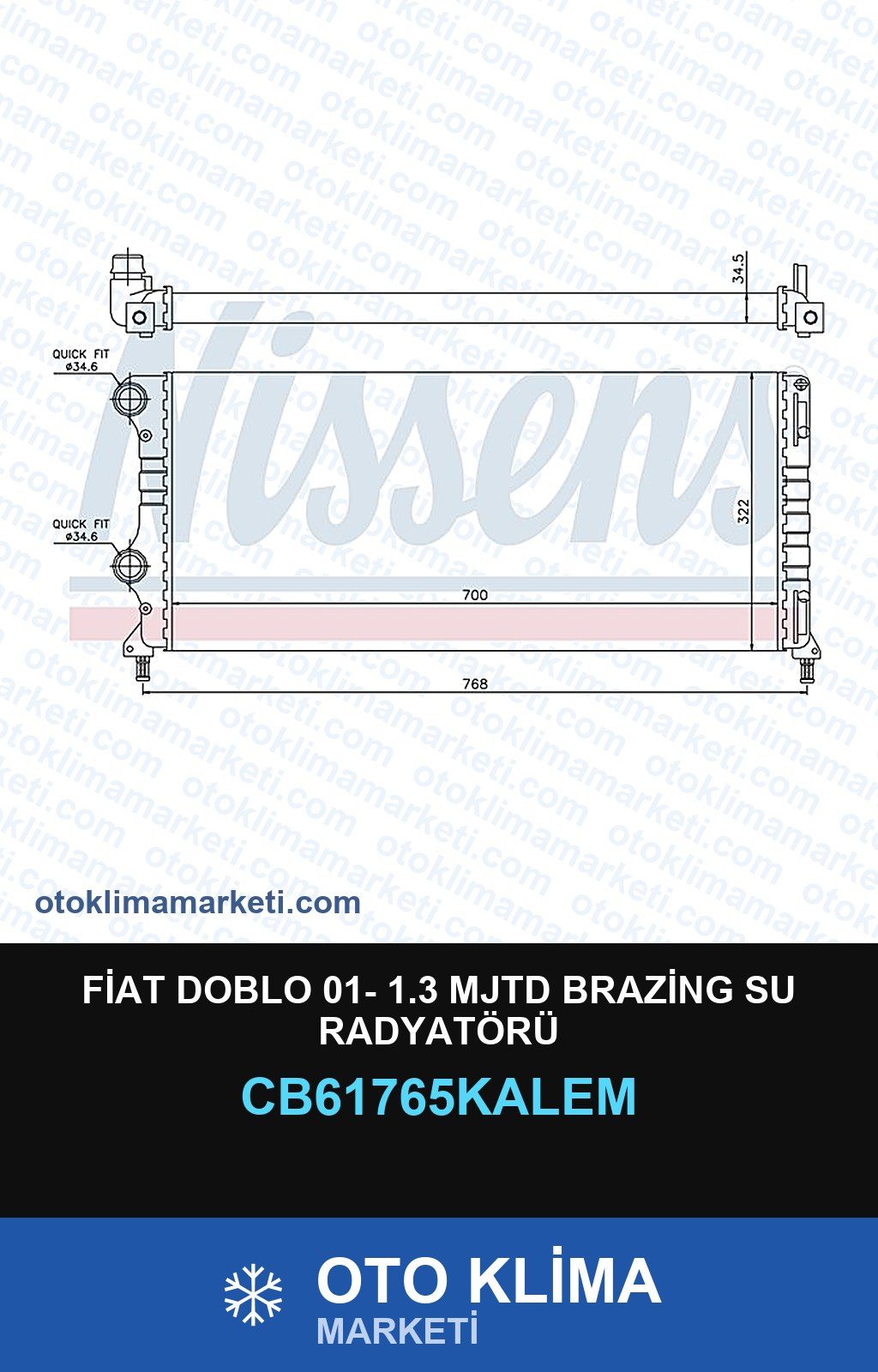 Fiat Doblo 01- 1.3 Mjtd Brazing Su Radyatörü — SU RADYATÖRÜ — KALE marka — Uyumlu: FIAT