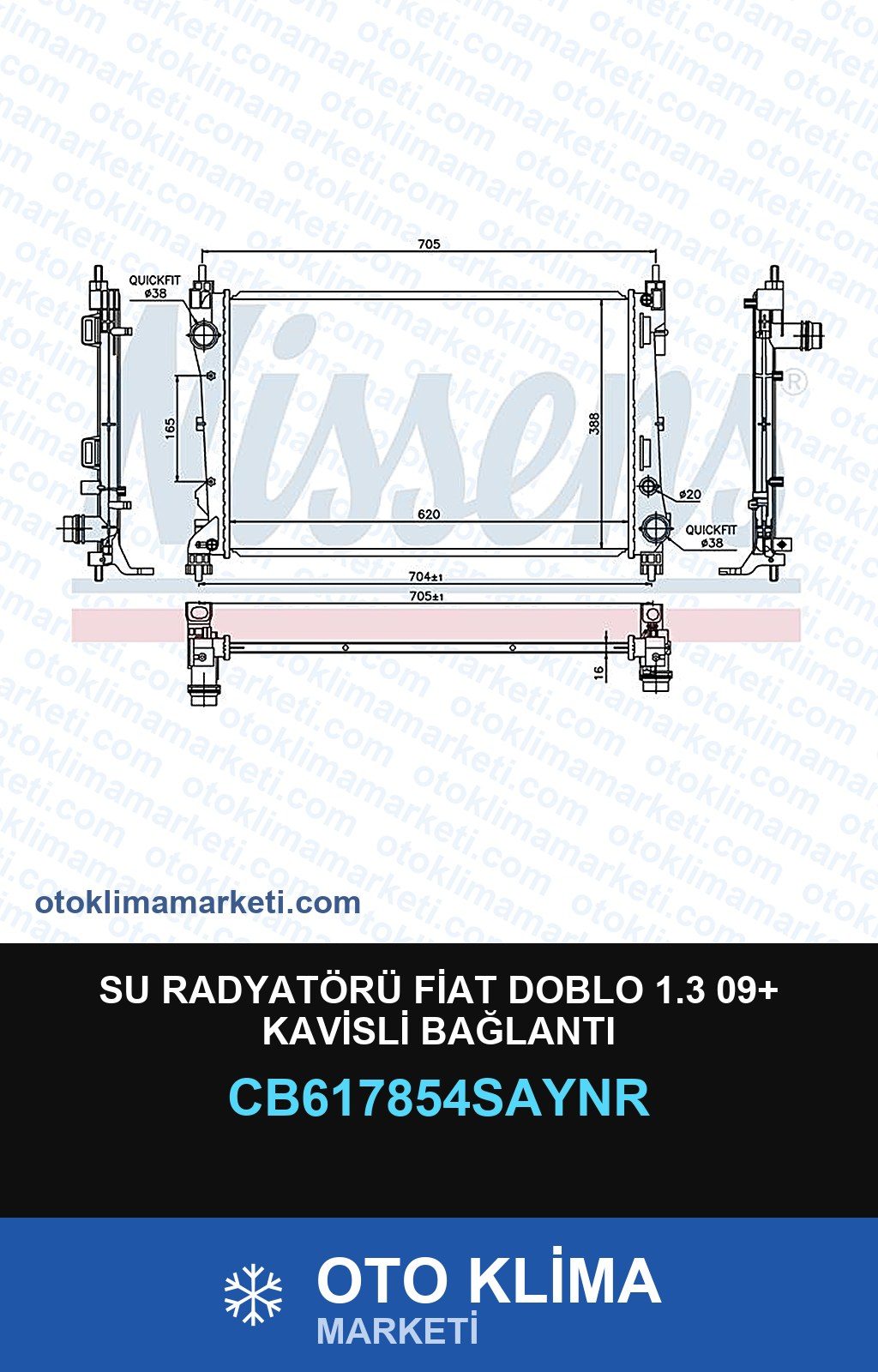 Su Radyatörü Fiat Doblo 1.3 09+ Kavisli Bağlantı — SU RADYATÖRÜ — UNICORE marka — Uyumlu: FIAT
