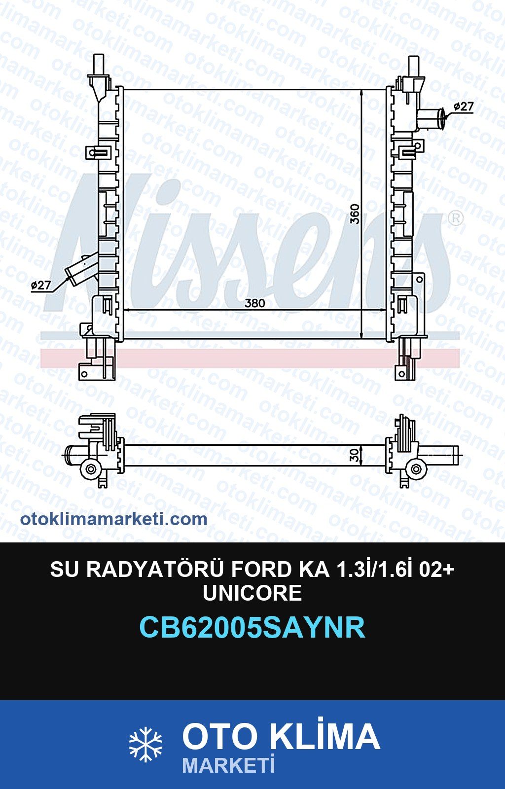 Su Radyatörü Ford Ka 1.3İ/1.6İ 02+ Unicore — SU RADYATÖRÜ — UNICORE marka — Uyumlu: FORD