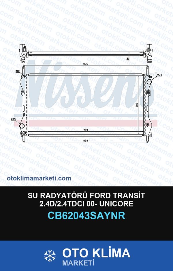 Su Radyatörü Ford Transit 2.4D/2.4TDCI 00- Unicore — SU RADYATÖRÜ — UNICORE marka — Uyumlu: FORD
