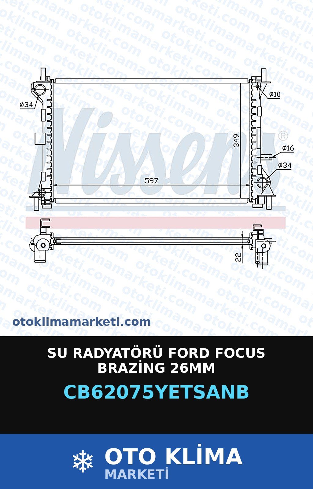 Su Radyatörü Ford Focus Brazing 26MM — SU RADYATÖRÜ — YETSAN marka — Uyumlu: FORD