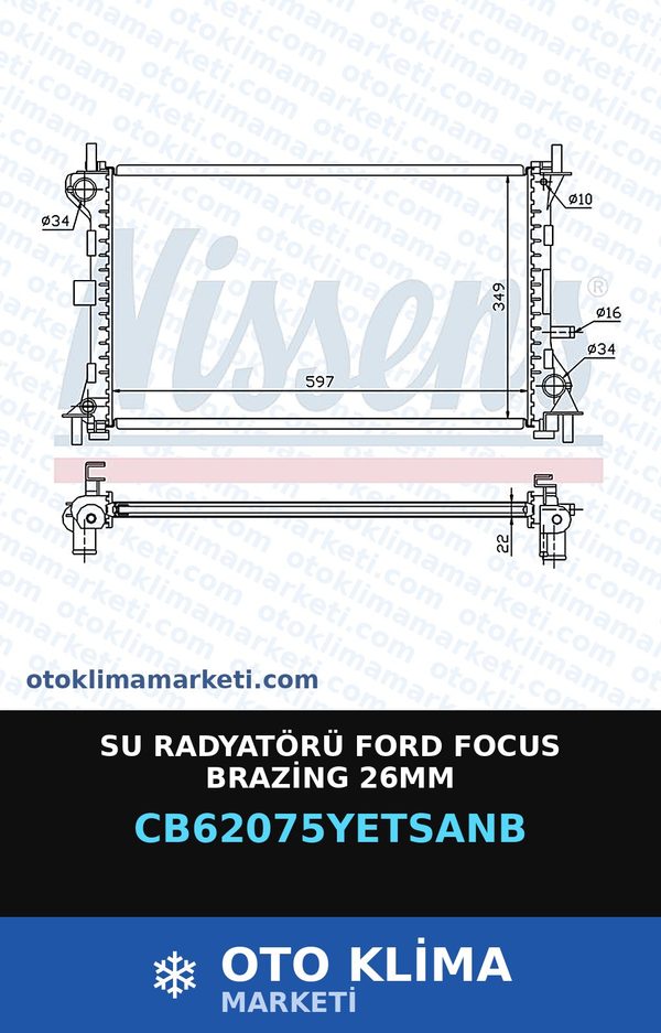 Su Radyatörü Ford Focus Brazing 26MM — SU RADYATÖRÜ — YETSAN marka — Uyumlu: FORD