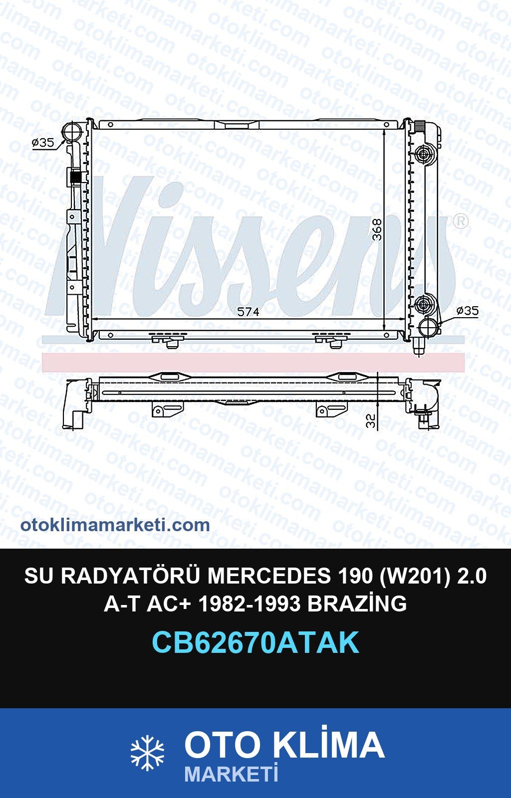 Su Radyatörü Mercedes 190 (W201) 2.0 A-T AC+ 1982-1993 Brazing — SU RADYATÖRÜ — VEKA marka — Uyumlu: MERCEDES BENZ