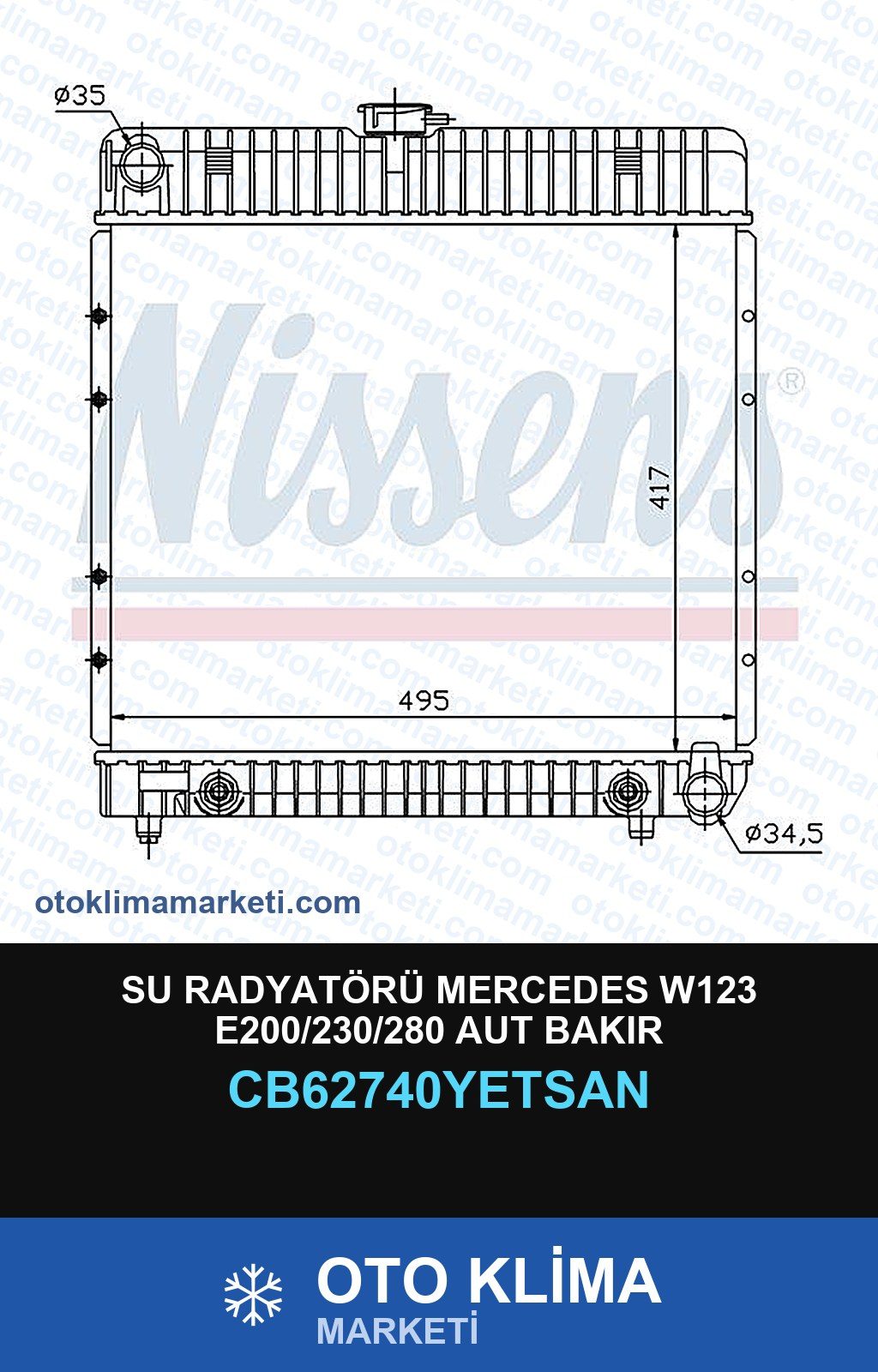 Su Radyatörü Mercedes W123 E200/230/280 Aut Bakır — SU RADYATÖRÜ — YETSAN marka — Uyumlu: MERCEDES BENZ