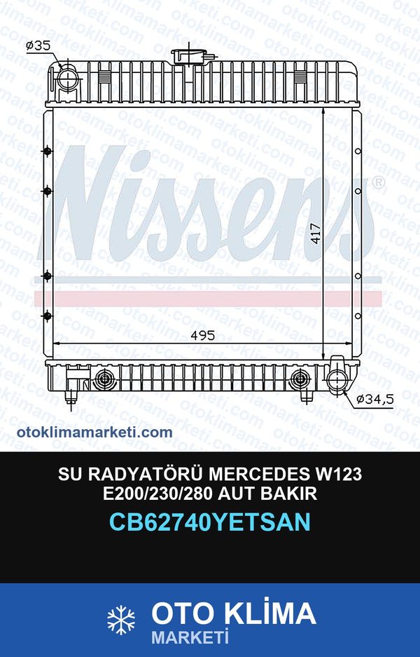 Su Radyatörü Mercedes W123 E200/230/280 Aut Bakır — SU RADYATÖRÜ — YETSAN marka — Uyumlu: MERCEDES BENZ