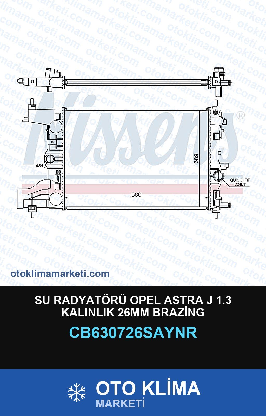 Su Radyatörü Opel Astra J 1.3 Kalınlık 26MM Brazing — SU RADYATÖRÜ — UNICORE marka — Uyumlu: OPEL