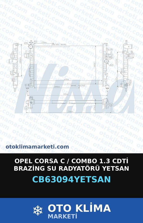 Opel Corsa C / Combo 1.3 CDTİ Brazing Su Radyatörü Yetsan — SU RADYATÖRÜ — YETSAN marka — Uyumlu: OPEL