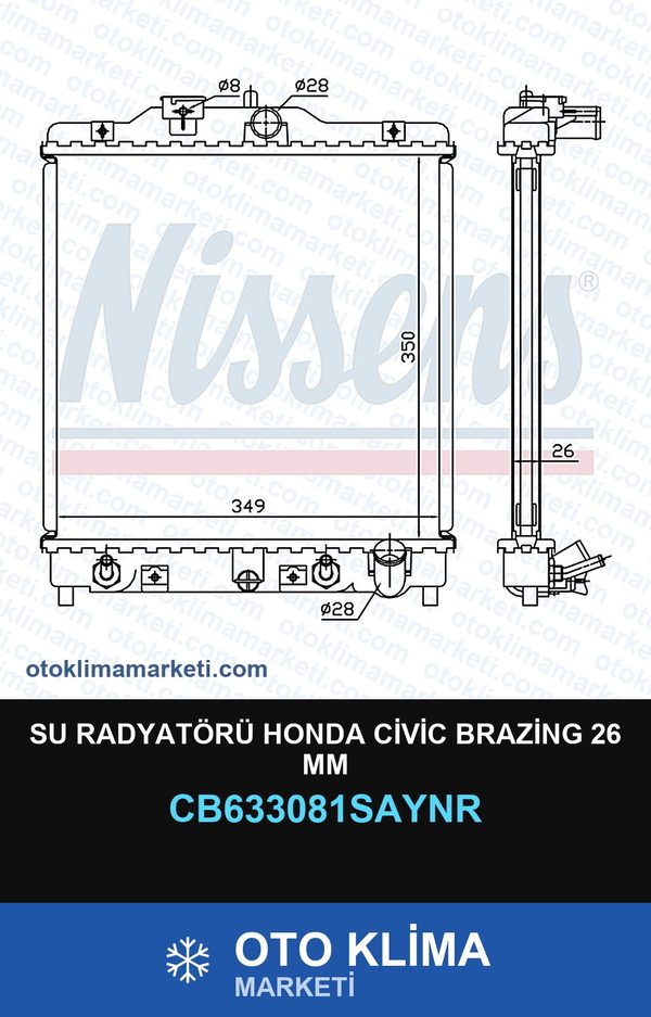 Su Radyatörü Honda Civic Brazing 26 MM — SU RADYATÖRÜ — UNICORE marka — Uyumlu: HONDA