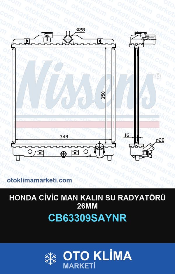 Honda Civic MAN Kalın Su Radyatörü 26MM — SU RADYATÖRÜ — UNICORE marka — Uyumlu: HONDA, MAN