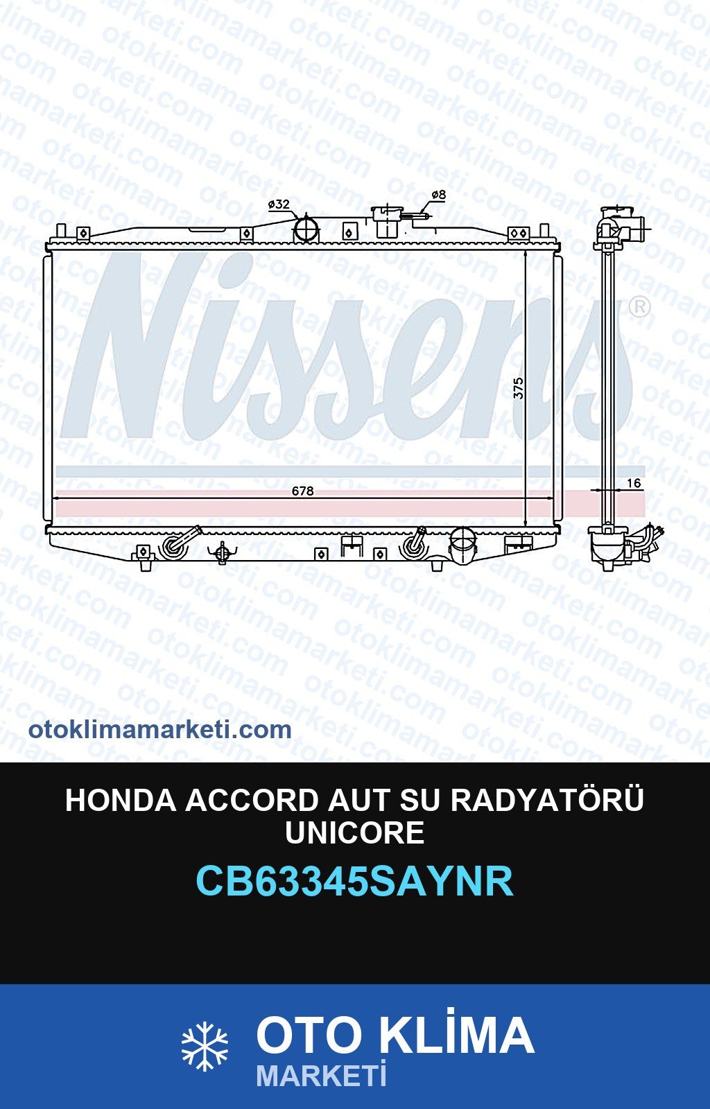 Honda Accord Aut Su Radyatörü Unicore — SU RADYATÖRÜ — UNICORE marka — Uyumlu: HONDA