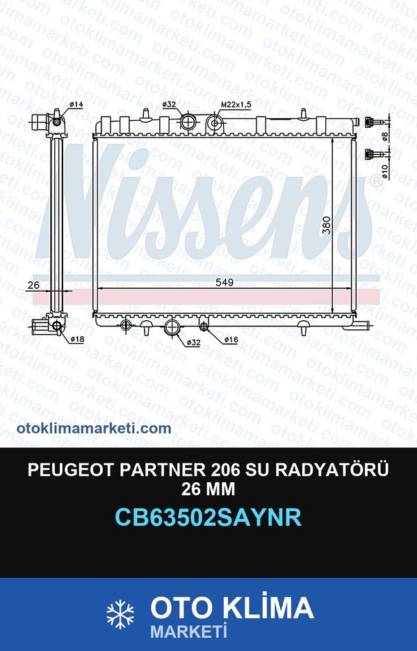 Peugeot Partner 206 Su Radyatörü 26 MM — SU RADYATÖRÜ — UNICORE marka — Uyumlu: PEUGEOT