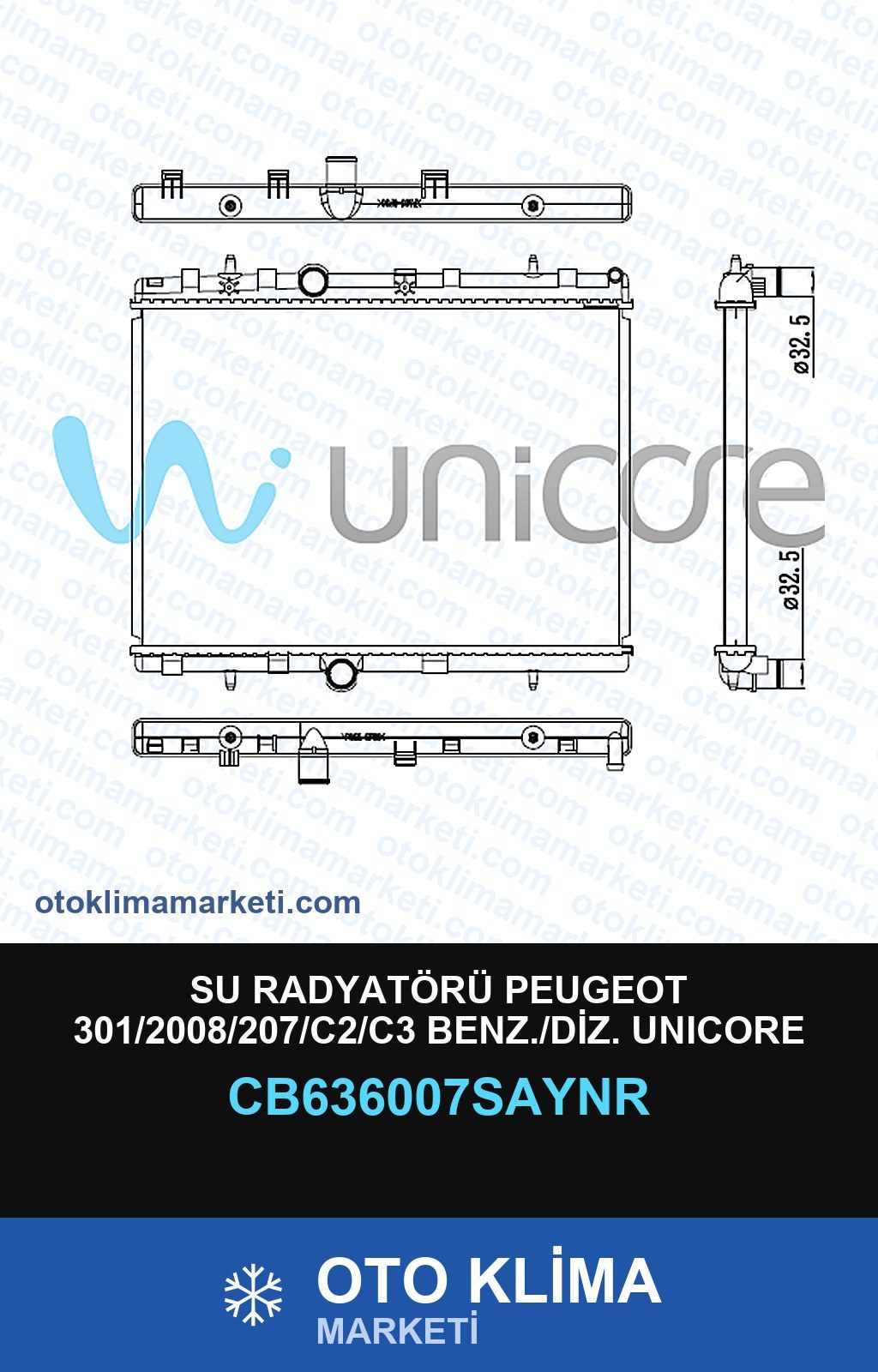 Su Radyatörü Peugeot 301/2008/207/C2/C3 Benz./Diz. Unicore — SU RADYATÖRÜ — UNICORE marka — Uyumlu: PEUGEOT