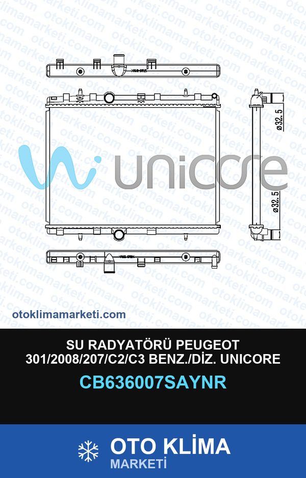 Su Radyatörü Peugeot 301/2008/207/C2/C3 Benz./Diz. Unicore — SU RADYATÖRÜ — UNICORE marka — Uyumlu: PEUGEOT