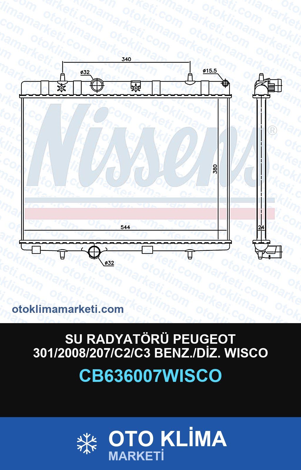 Su Radyatörü Peugeot 301/2008/207/C2/C3 Benz./Diz. Wisco — SU RADYATÖRÜ — WISCO marka — Uyumlu: PEUGEOT