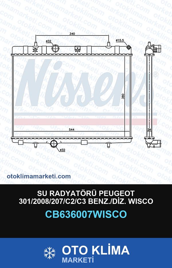 Su Radyatörü Peugeot 301/2008/207/C2/C3 Benz./Diz. Wisco — SU RADYATÖRÜ — WISCO marka — Uyumlu: PEUGEOT