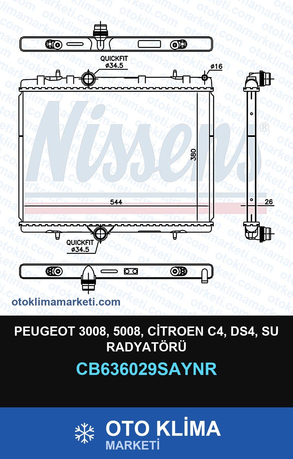 Peugeot 3008, 5008, Citroen C4, DS4, Su Radyatörü — SU RADYATÖRÜ — UNICORE marka — Uyumlu: CITROEN, PEUGEOT