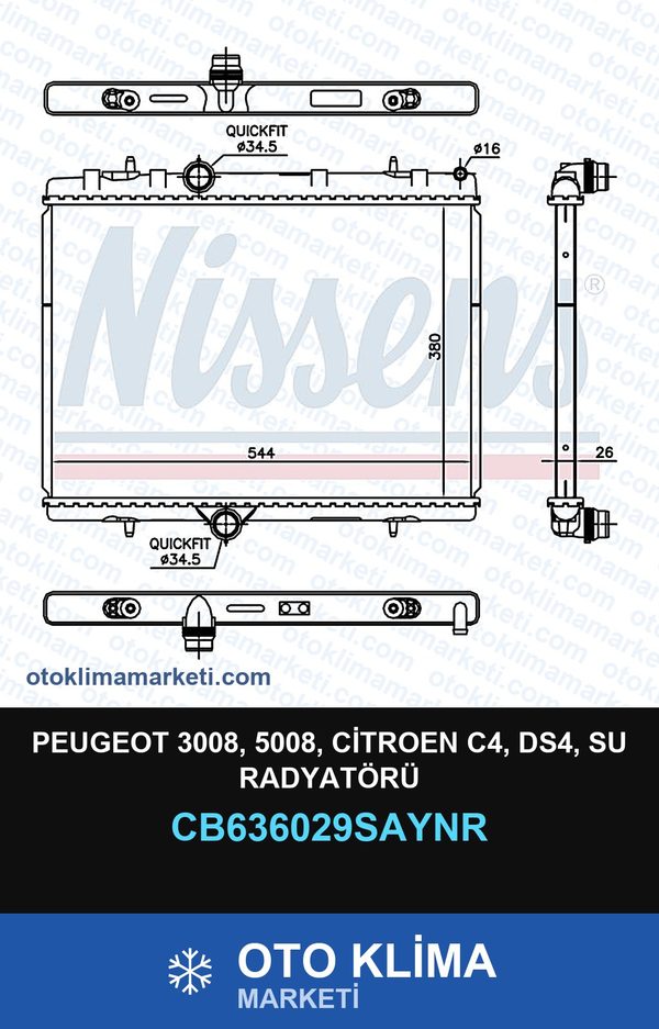 Peugeot 3008, 5008, Citroen C4, DS4, Su Radyatörü — SU RADYATÖRÜ — UNICORE marka — Uyumlu: CITROEN, PEUGEOT