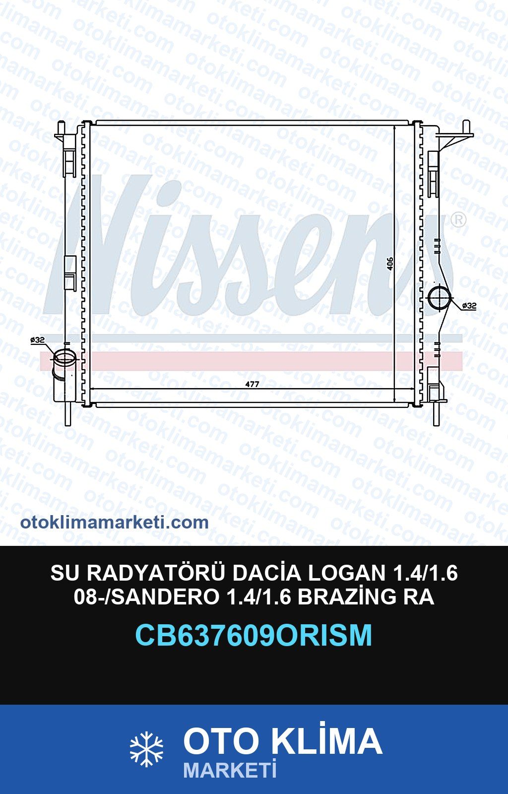Su Radyatörü Dacia Logan 1.4/1.6 08-/Sandero 1.4/1.6 Brazing Ra — SU RADYATÖRÜ — ORİS marka — Uyumlu: DACIA