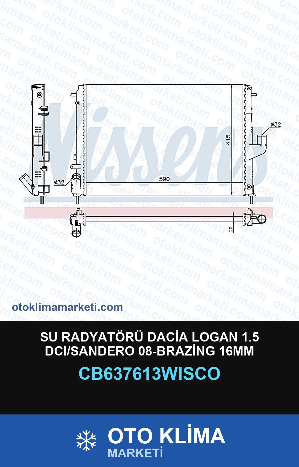 Su Radyatörü Dacia Logan 1.5 DCI/Sandero 08-Brazing 16MM — SU RADYATÖRÜ — WISCO marka — Uyumlu: DACIA