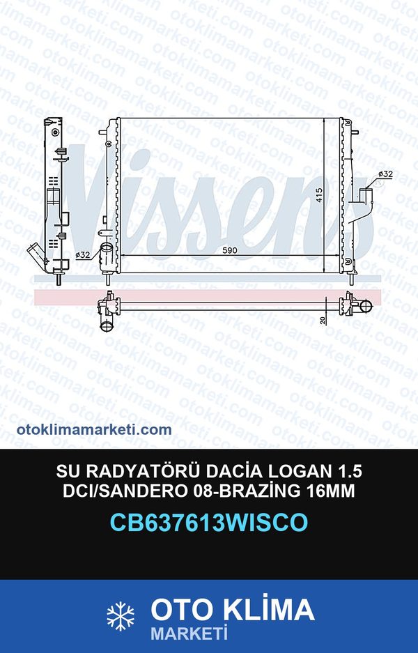 Su Radyatörü Dacia Logan 1.5 DCI/Sandero 08-Brazing 16MM — SU RADYATÖRÜ — WISCO marka — Uyumlu: DACIA
