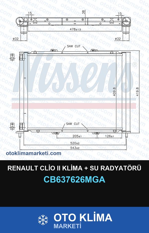 Renault Clio II (2) Klima + Su Radyatörü — SU RADYATÖRÜ — MGA marka — Uyumlu: RENAULT