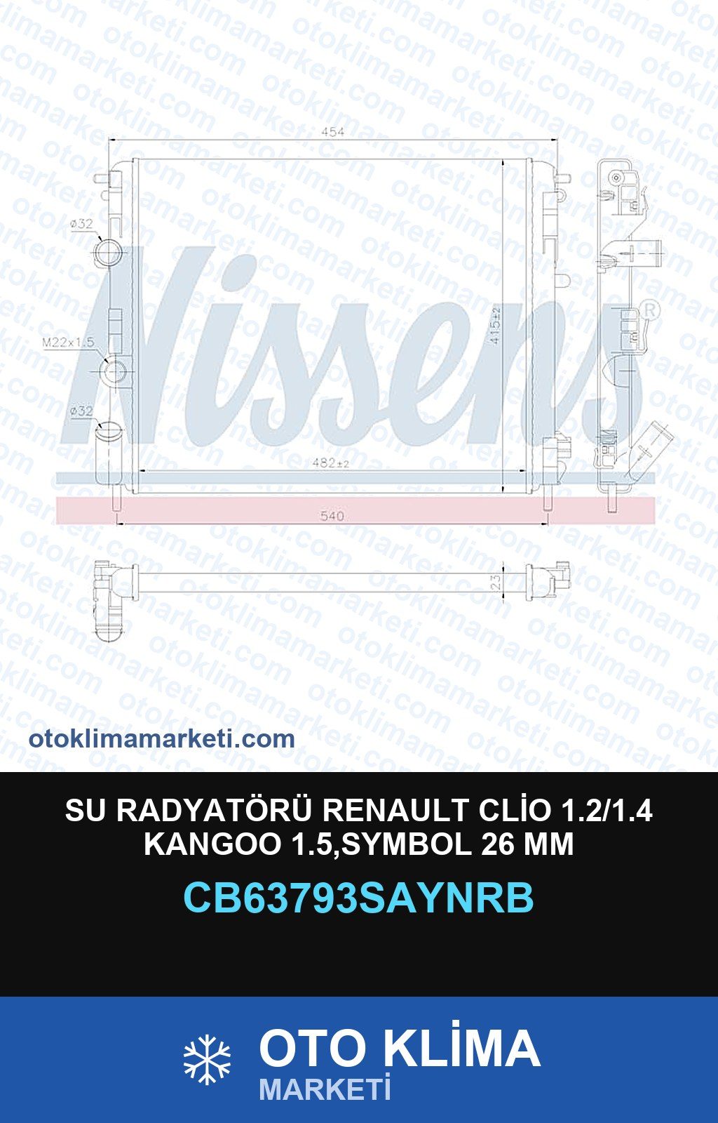 Su Radyatörü Renault Clio 1.2/1.4 Kangoo 1.5,Symbol 26 MM — SU RADYATÖRÜ — UNICORE marka — Uyumlu: RENAULT