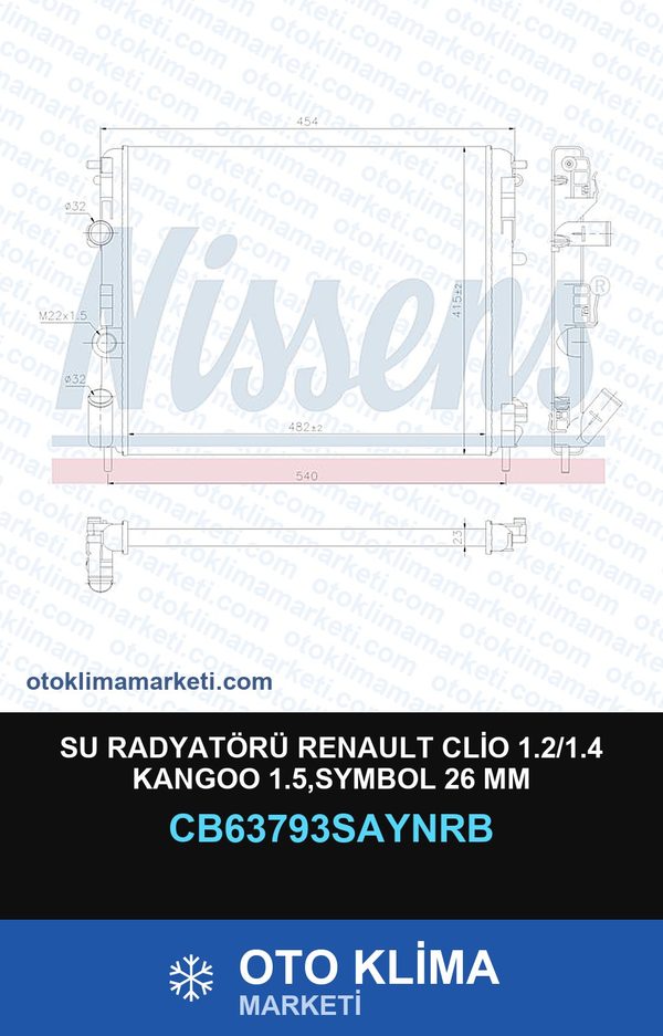 Su Radyatörü Renault Clio 1.2/1.4 Kangoo 1.5,Symbol 26 MM — SU RADYATÖRÜ — UNICORE marka — Uyumlu: RENAULT