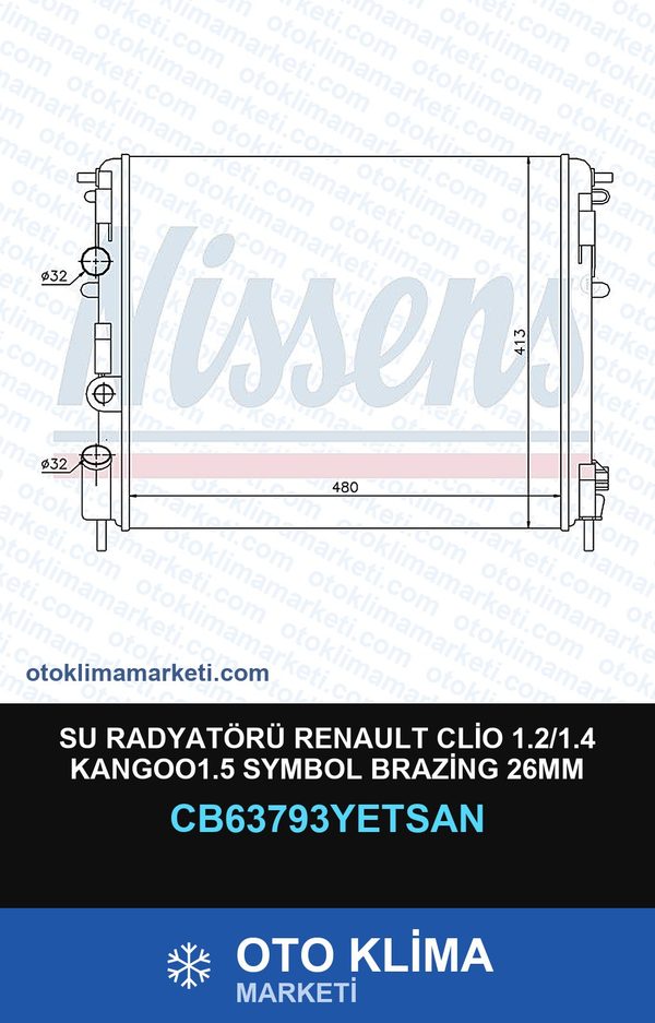 Su Radyatörü Renault Clio 1.2/1.4 KANGOO1.5 Symbol Brazing 26MM — SU RADYATÖRÜ — YETSAN marka — Uyumlu: RENAULT