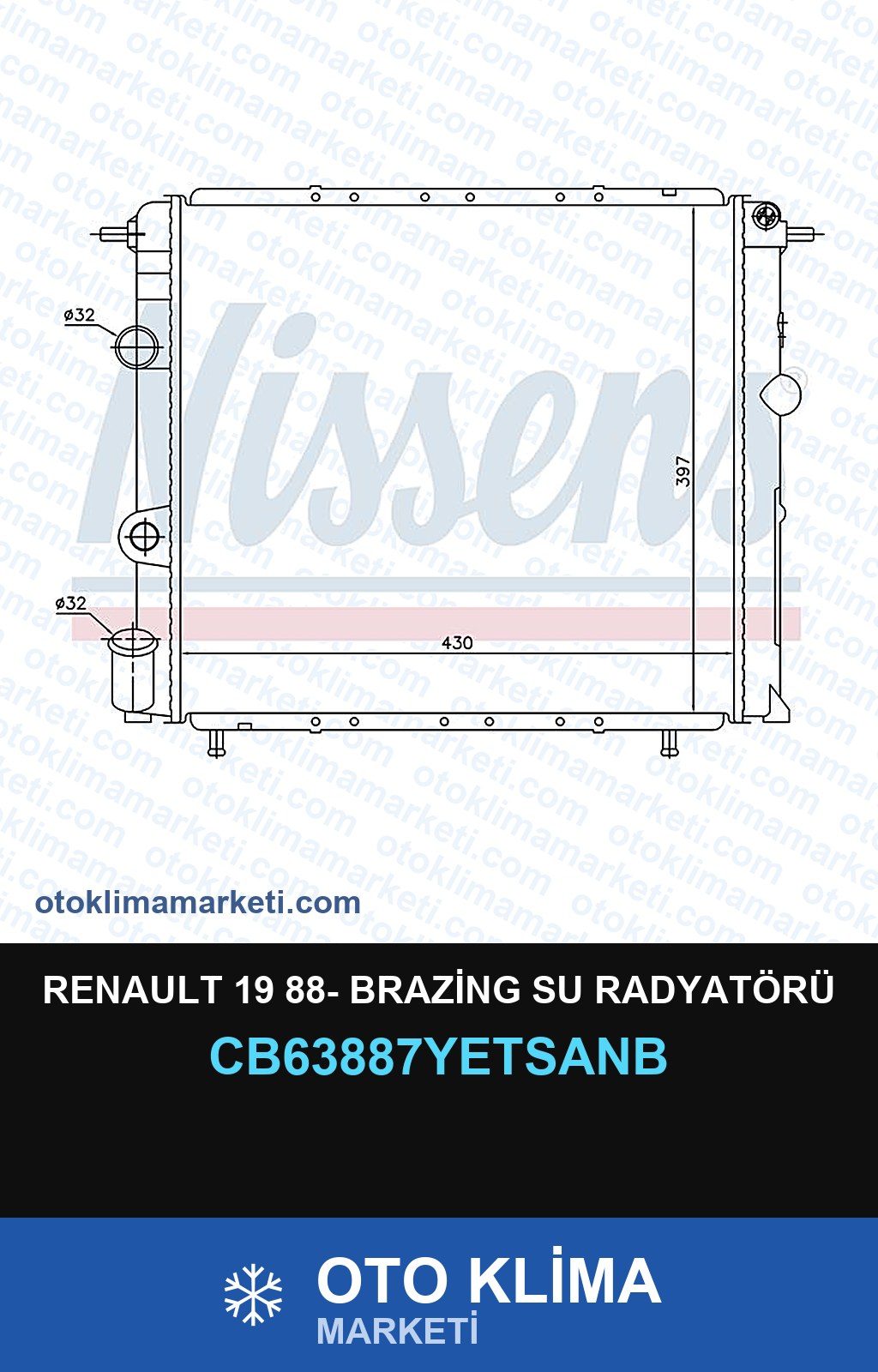 Renault 19 88- Brazing Su Radyatörü — SU RADYATÖRÜ — YETSAN marka — Uyumlu: RENAULT