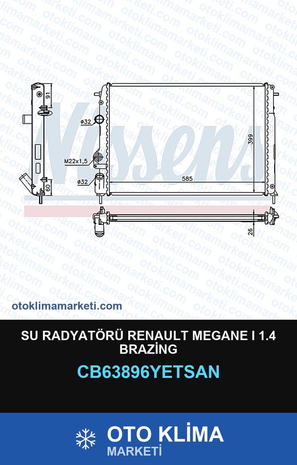 Su Radyatörü Renault Megane I 1.4 Brazing — SU RADYATÖRÜ — YETSAN marka — Uyumlu: RENAULT