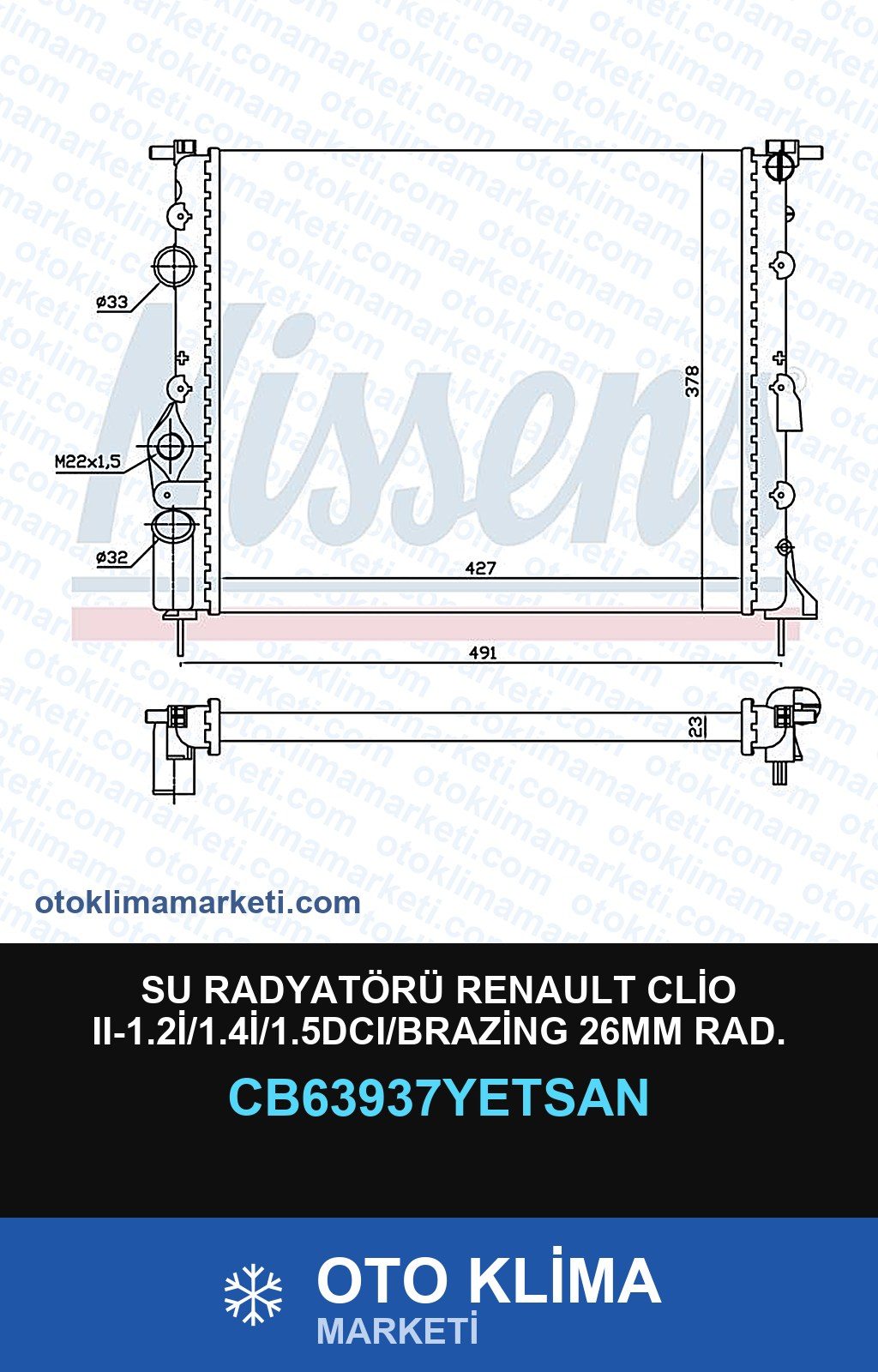 Su Radyatörü Renault Clio II (2)-1.2İ/1.4İ/1.5DCI/Brazing 26MM Rad. — SU RADYATÖRÜ — YETSAN marka — Uyumlu: RENAULT