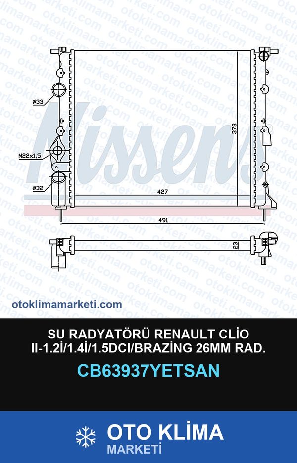 Su Radyatörü Renault Clio II (2)-1.2İ/1.4İ/1.5DCI/Brazing 26MM Rad. — SU RADYATÖRÜ — YETSAN marka — Uyumlu: RENAULT
