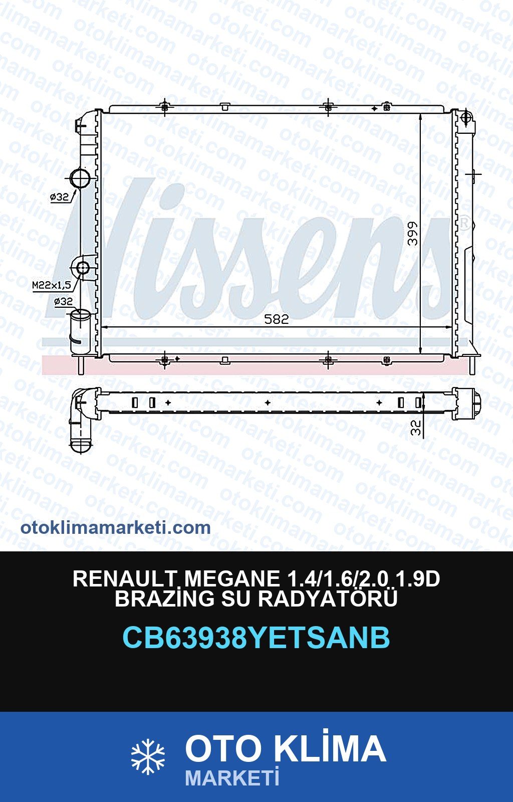 Renault Megane 1.4/1.6/2.0 1.9D Brazing Su Radyatörü — SU RADYATÖRÜ — YETSAN marka — Uyumlu: RENAULT