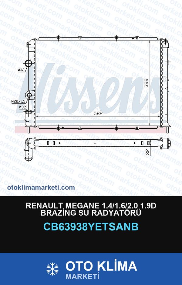 Renault Megane 1.4/1.6/2.0 1.9D Brazing Su Radyatörü — SU RADYATÖRÜ — YETSAN marka — Uyumlu: RENAULT