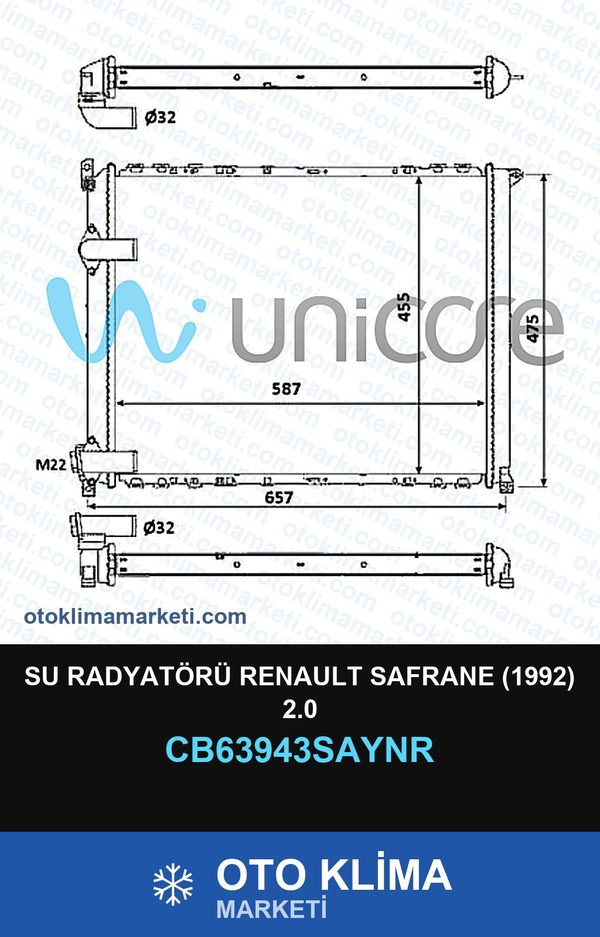 Su Radyatörü Renault Safrane (1992) 2.0 — SU RADYATÖRÜ — UNICORE marka — Uyumlu: RENAULT