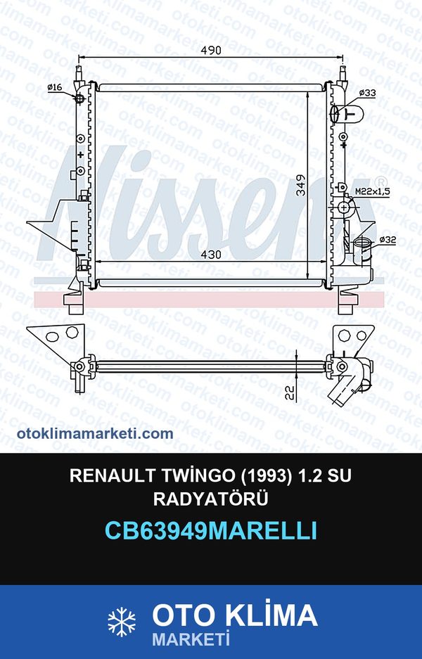 Renault Twingo (1993) 1.2 Su Radyatörü — SU RADYATÖRÜ — MARELLI marka — Uyumlu: RENAULT