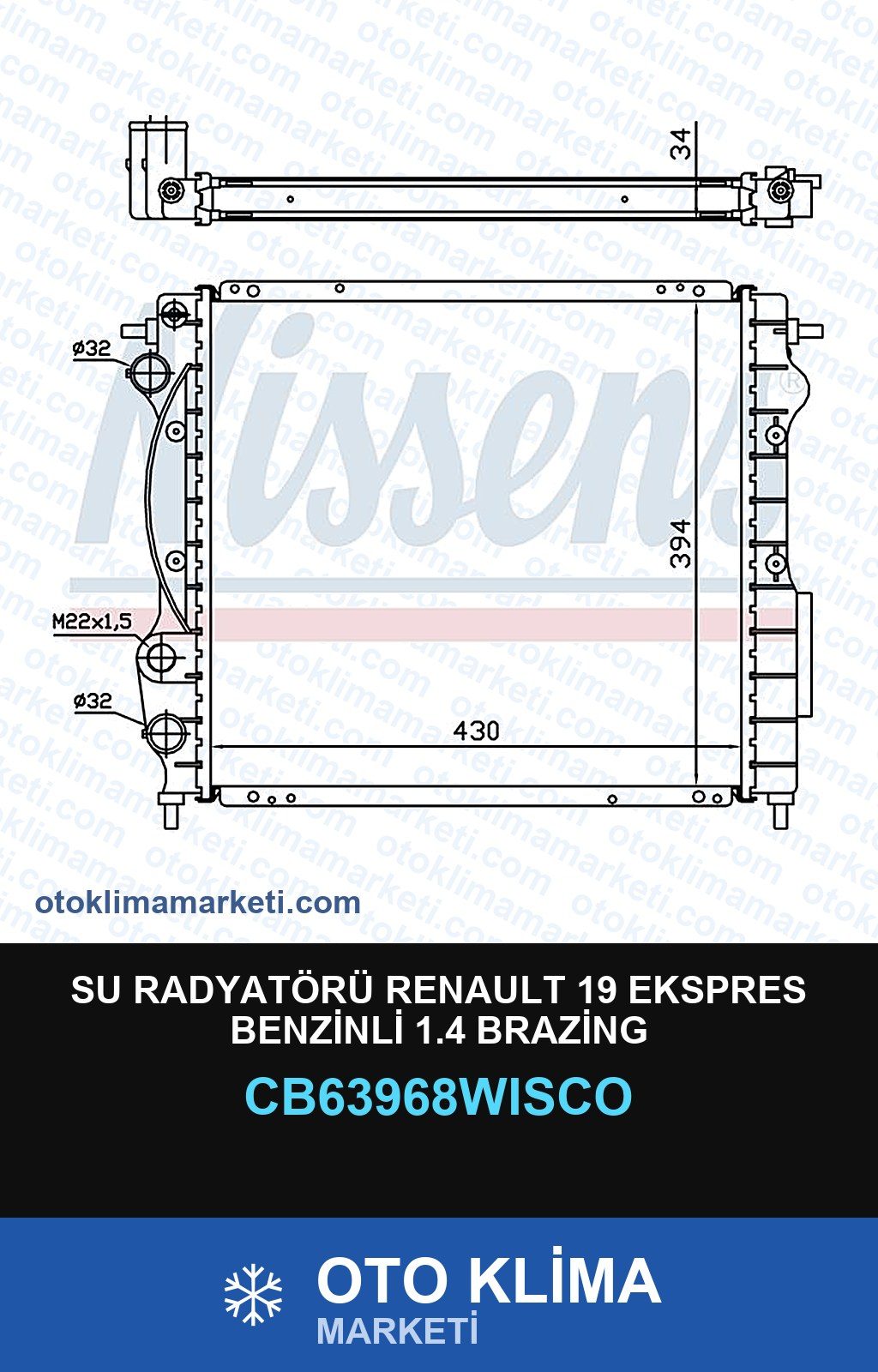 Su Radyatörü Renault 19 Ekspres Benzinli 1.4 Brazing — SU RADYATÖRÜ — WISCO marka — Uyumlu: RENAULT