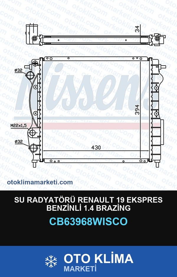 Su Radyatörü Renault 19 Ekspres Benzinli 1.4 Brazing — SU RADYATÖRÜ — WISCO marka — Uyumlu: RENAULT
