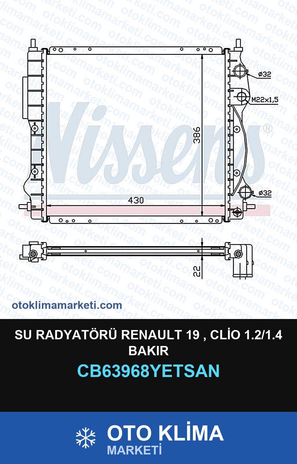 Su Radyatörü Renault 19 , Clio 1.2/1.4 Bakır — SU RADYATÖRÜ — YETSAN marka — Uyumlu: RENAULT