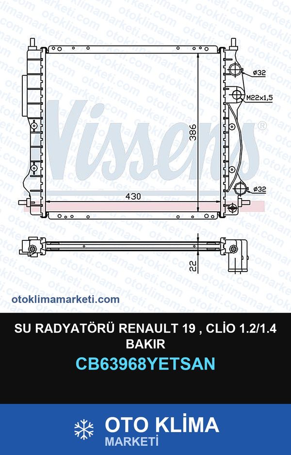 Su Radyatörü Renault 19 , Clio 1.2/1.4 Bakır — SU RADYATÖRÜ — YETSAN marka — Uyumlu: RENAULT