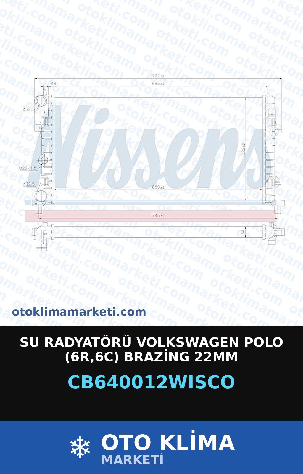 Su Radyatörü Volkswagen Polo (6R,6C) Brazing 22MM — SU RADYATÖRÜ — WISCO marka — Uyumlu: VOLKSWAGEN