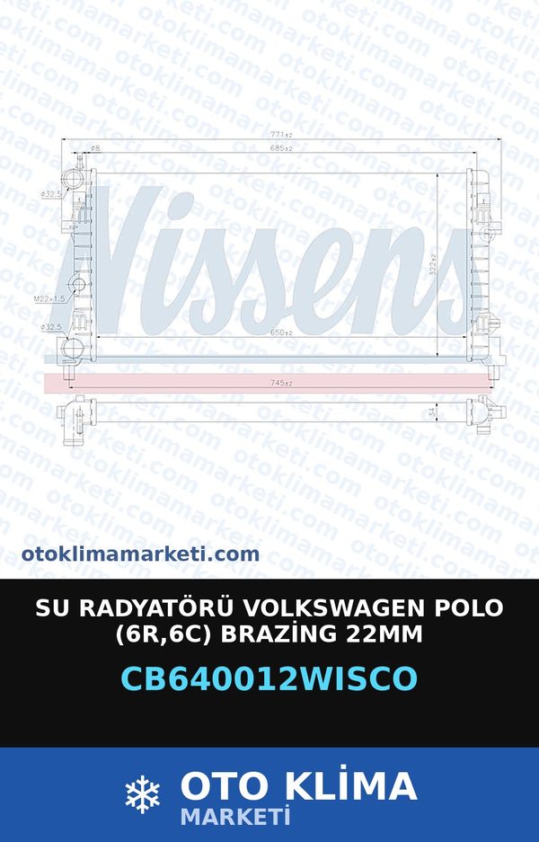 Su Radyatörü Volkswagen Polo (6R,6C) Brazing 22MM — SU RADYATÖRÜ — WISCO marka — Uyumlu: VOLKSWAGEN