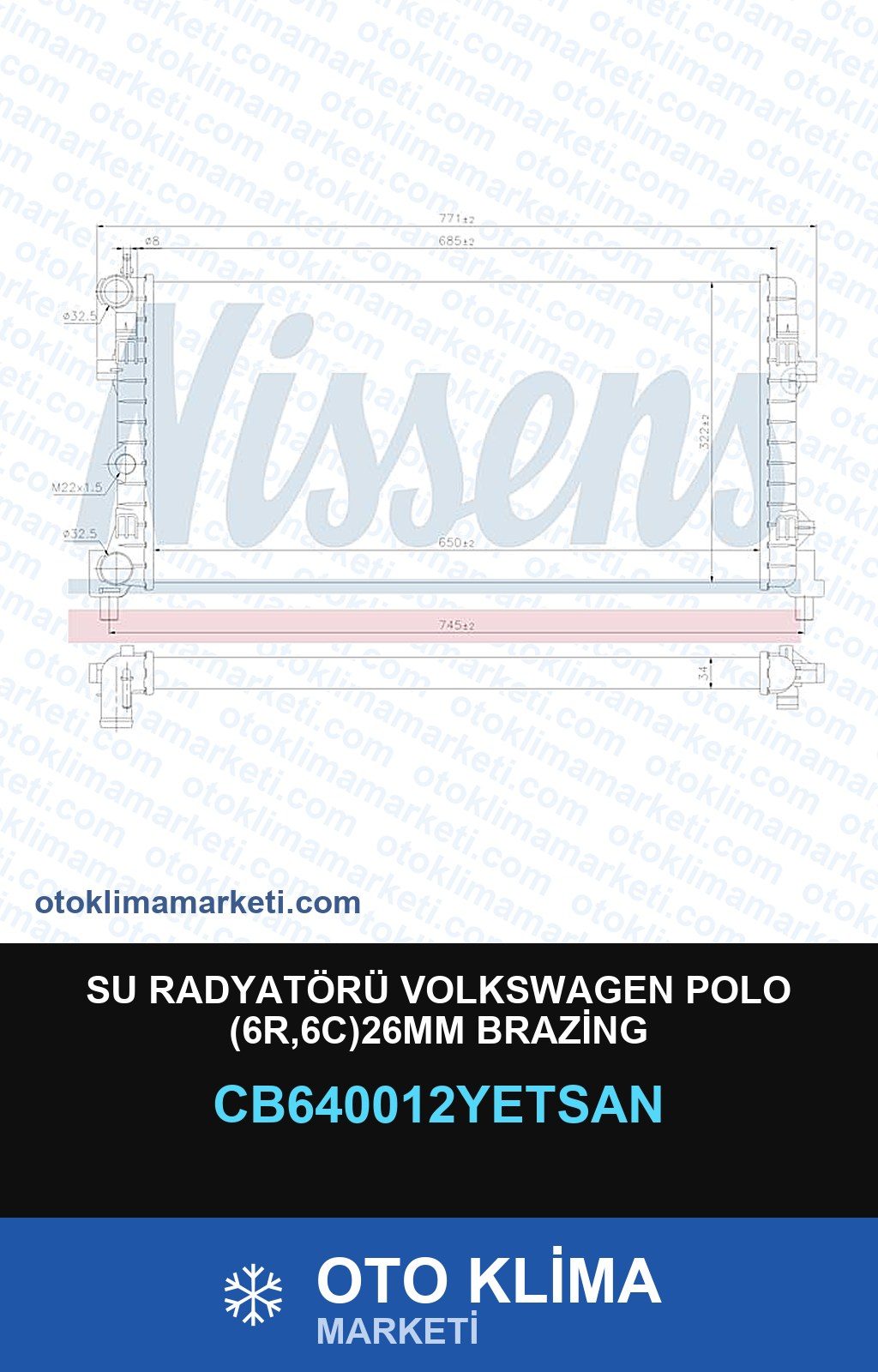 Su Radyatörü Volkswagen Polo (6R,6C)26MM Brazing — SU RADYATÖRÜ — YETSAN marka — Uyumlu: VOLKSWAGEN