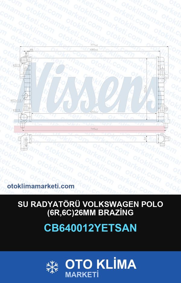 Su Radyatörü Volkswagen Polo (6R,6C)26MM Brazing — SU RADYATÖRÜ — YETSAN marka — Uyumlu: VOLKSWAGEN