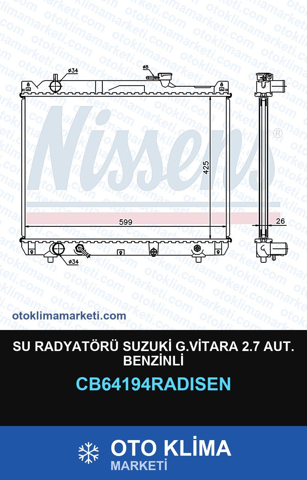 Su Radyatörü Suzuki G.Vitara 2.7 Aut. Benzinli — SU RADYATÖRÜ — RADİSEN marka — Uyumlu: SUZUKI