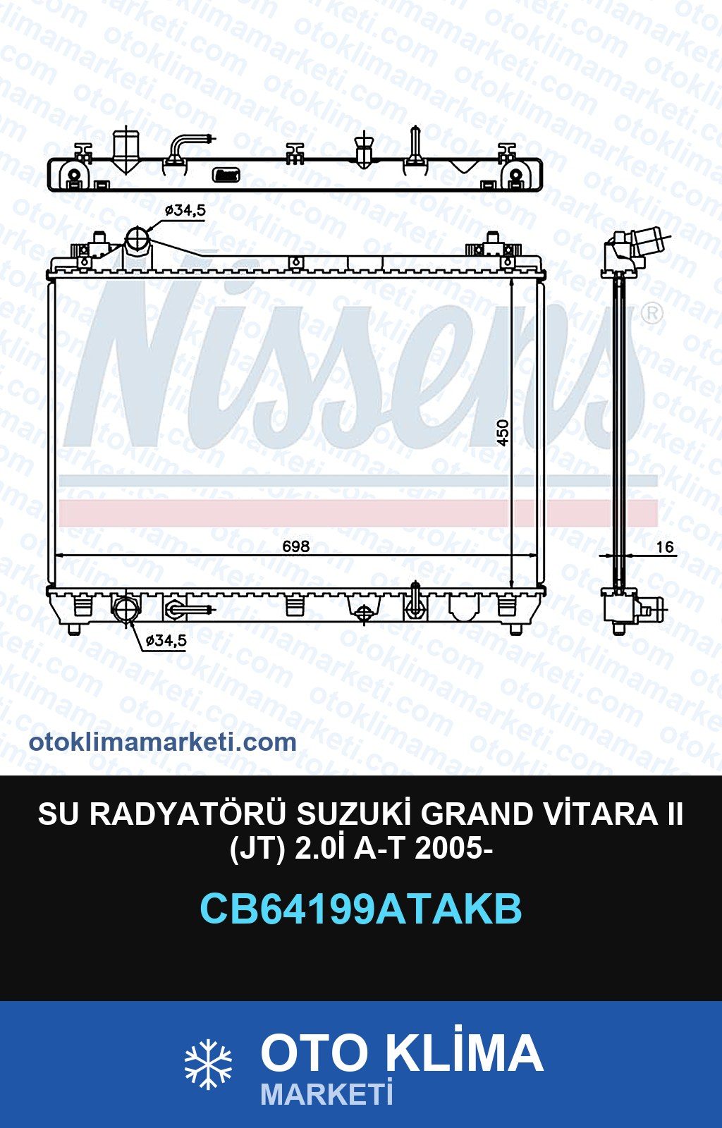 Su Radyatörü Suzuki Grand Vitara II (Jt) 2.0İ A-T 2005- — SU RADYATÖRÜ — VEKA marka — Uyumlu: SUZUKI